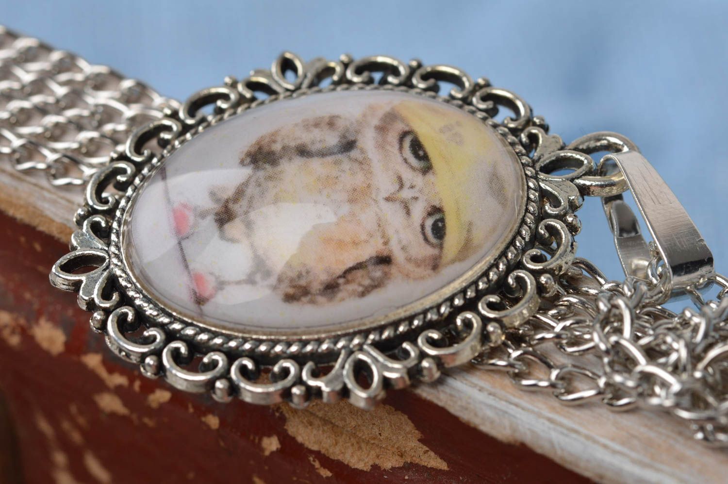 Handmade pendant with glass lens and picture of owl for kids and adults photo 3