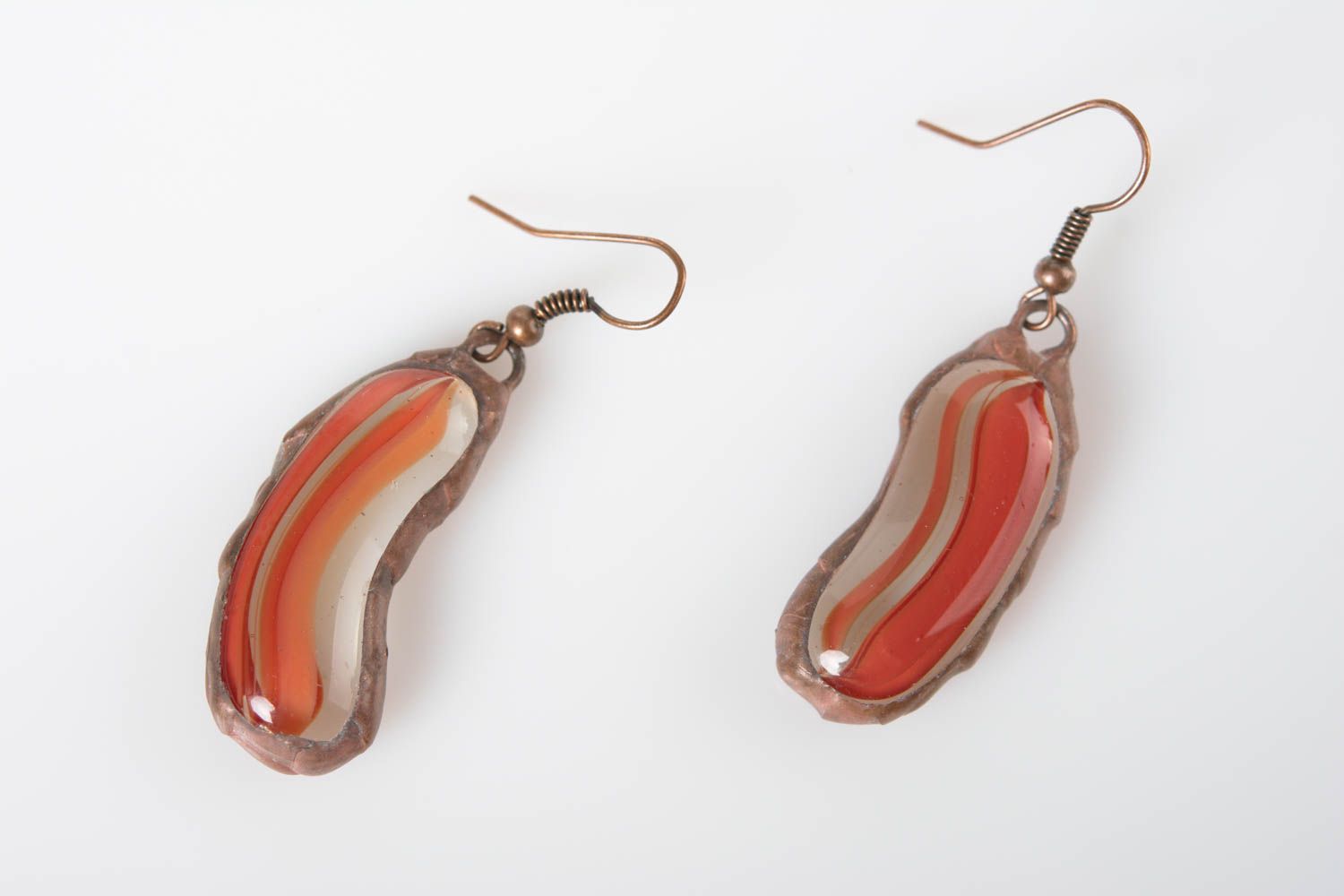 Handmade designer stained glass and metal oblong dangling earrings  photo 3