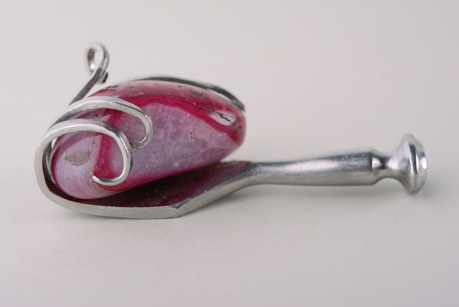Handmade metal pendant made of cupronickel fork with claret stone photo 2