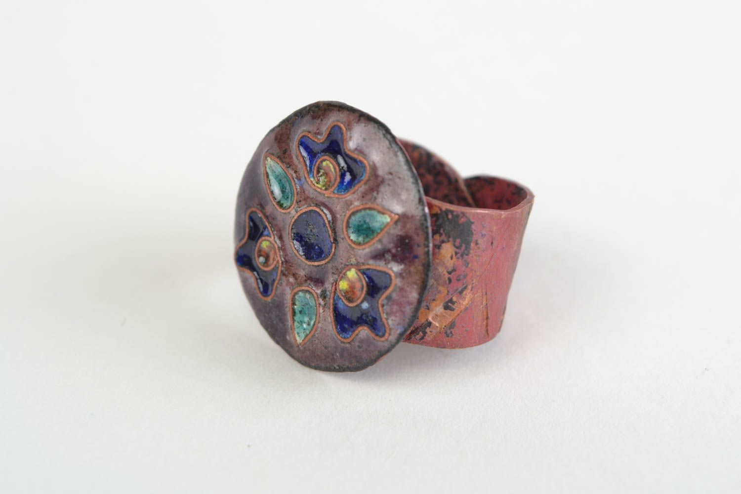 Handmade round top enameled copper jewelry seal ring of adjustable size Flower photo 3