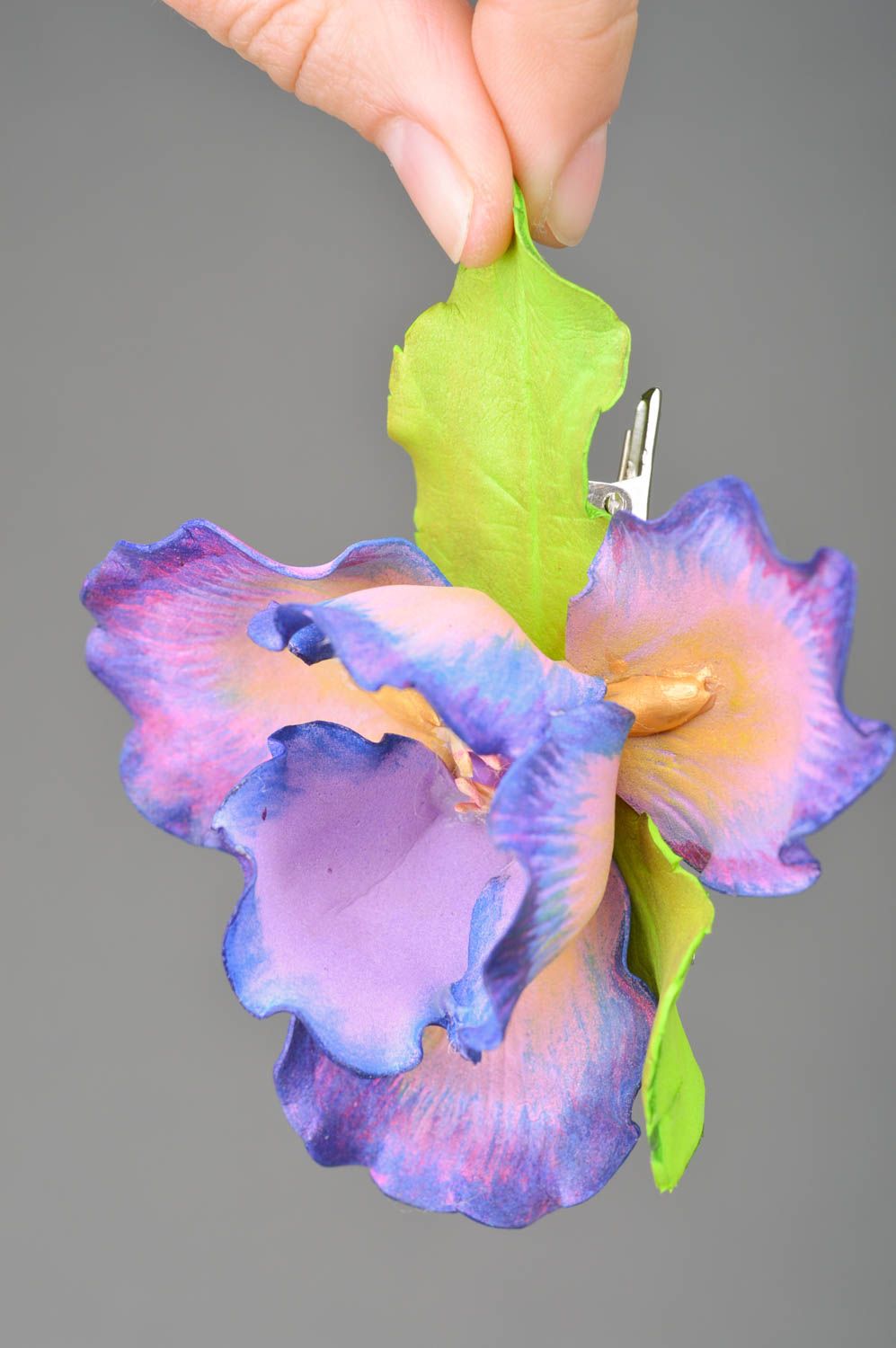 Handmade stylish beaded brooch-hairpin made of foamiran purple orchid  photo 3