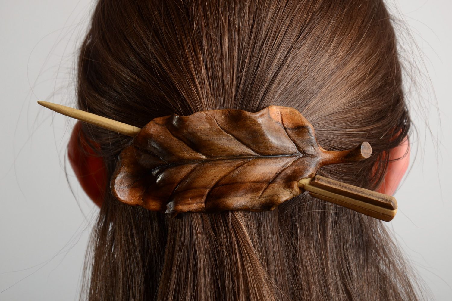 Handmade carved wooden hair clip with stick in the shape of leaf in ethnic style photo 1