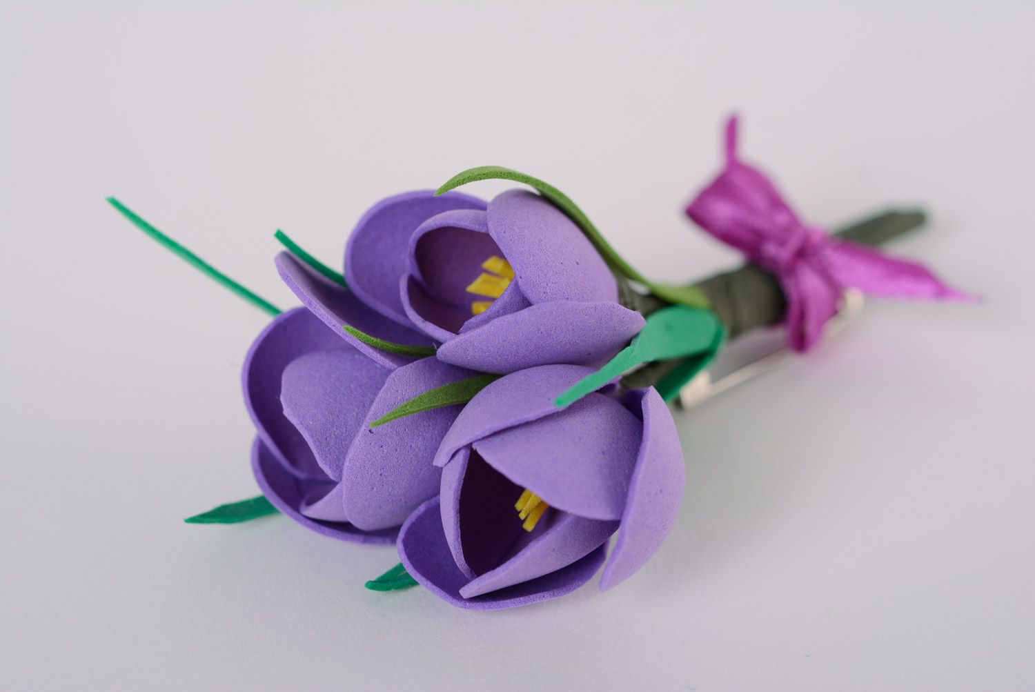 Beautiful gentle handmade foamiran flower brooch in the shape of bouquet of crocuses photo 1