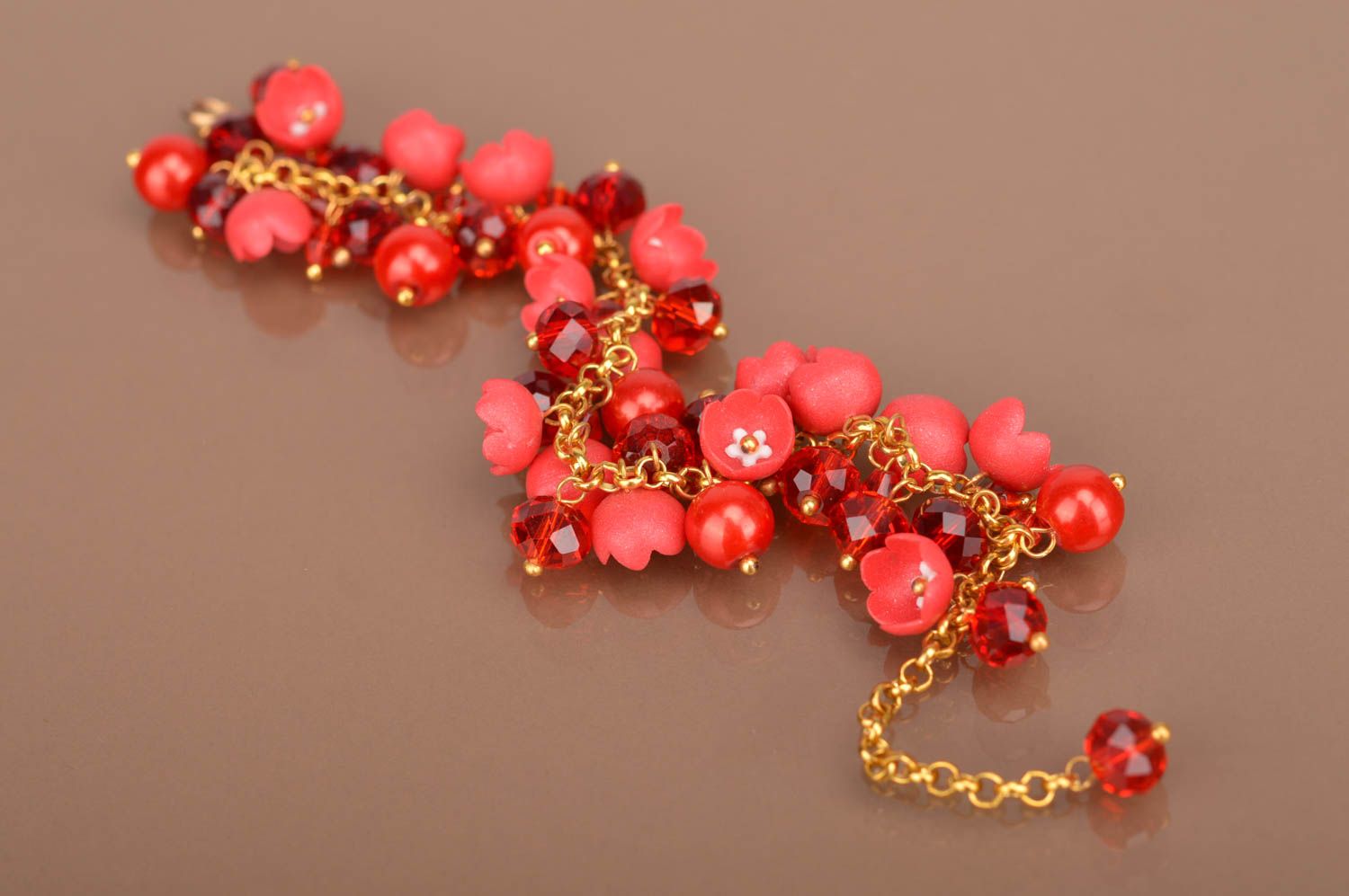 Bracelet rouge Bijou fait main pâte polymère chaîne métal Accessoire femme photo 3