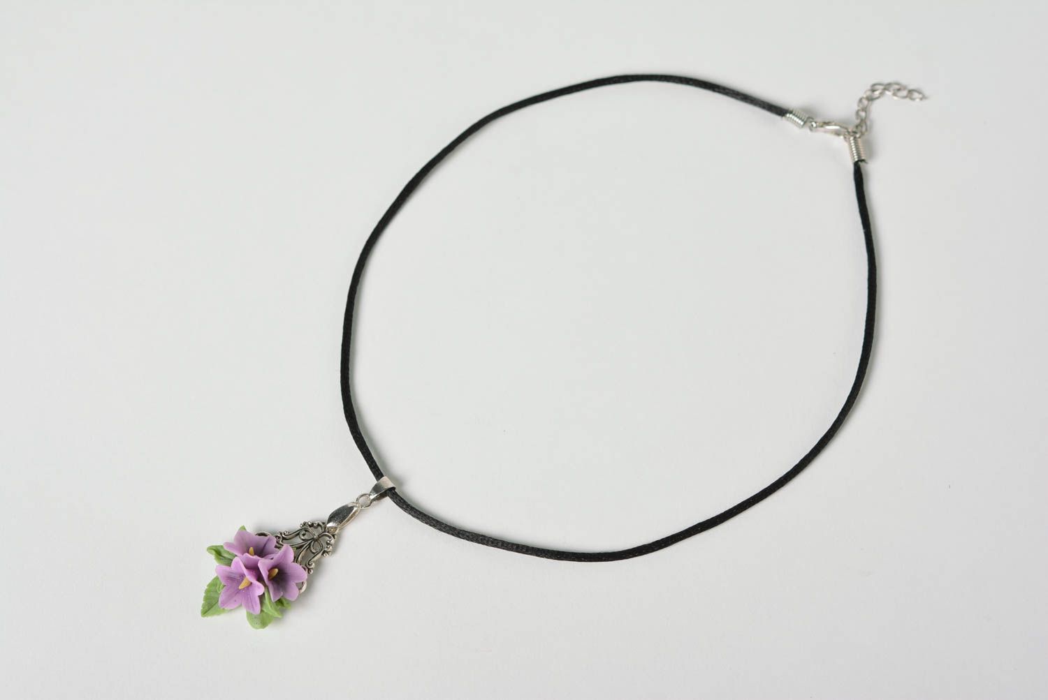 Lilac handmade designer plastic flower neck pendant volume photo 4