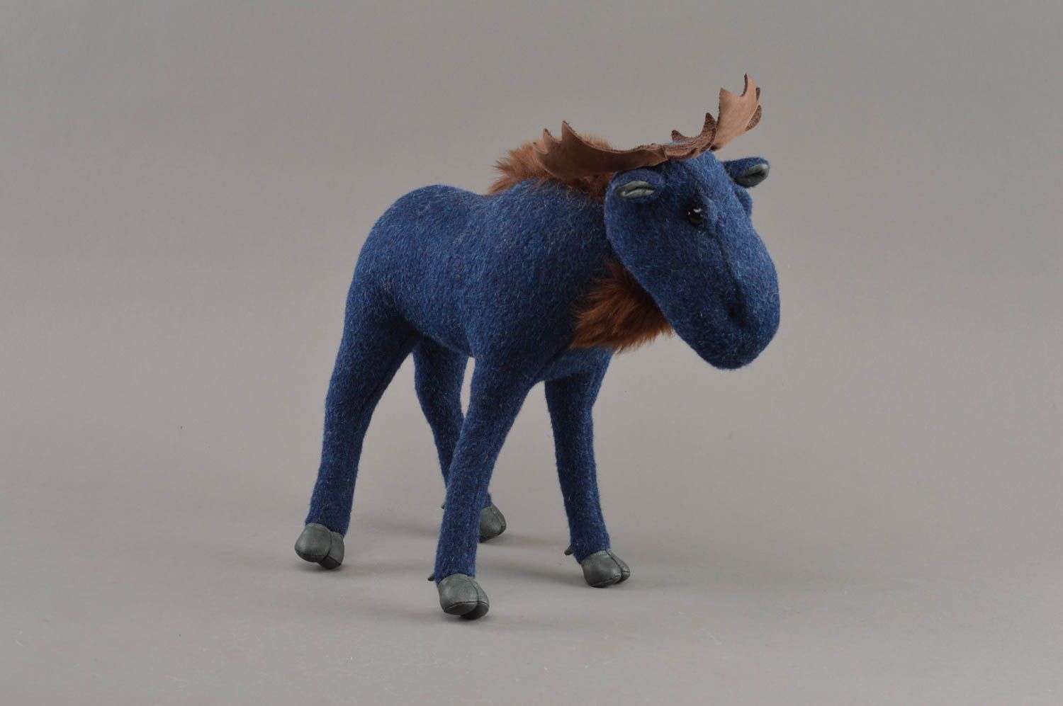 Small handmade blue soft toy elk sewn of half woolen fabric for kids and decor photo 1