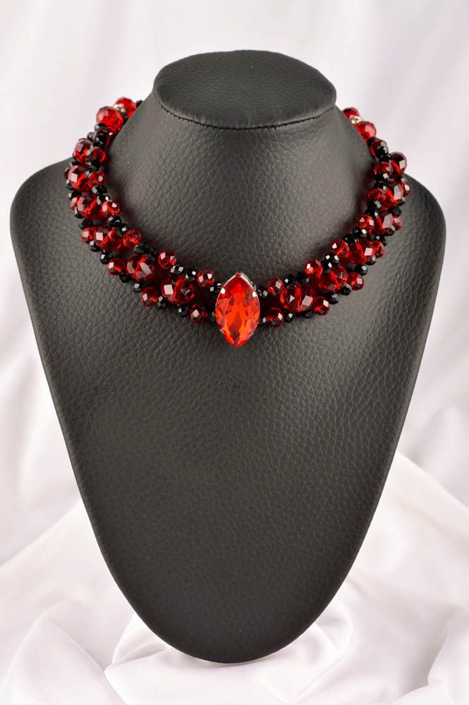 Handmade red beaded collar with stone designer crystals necklace unique present photo 1
