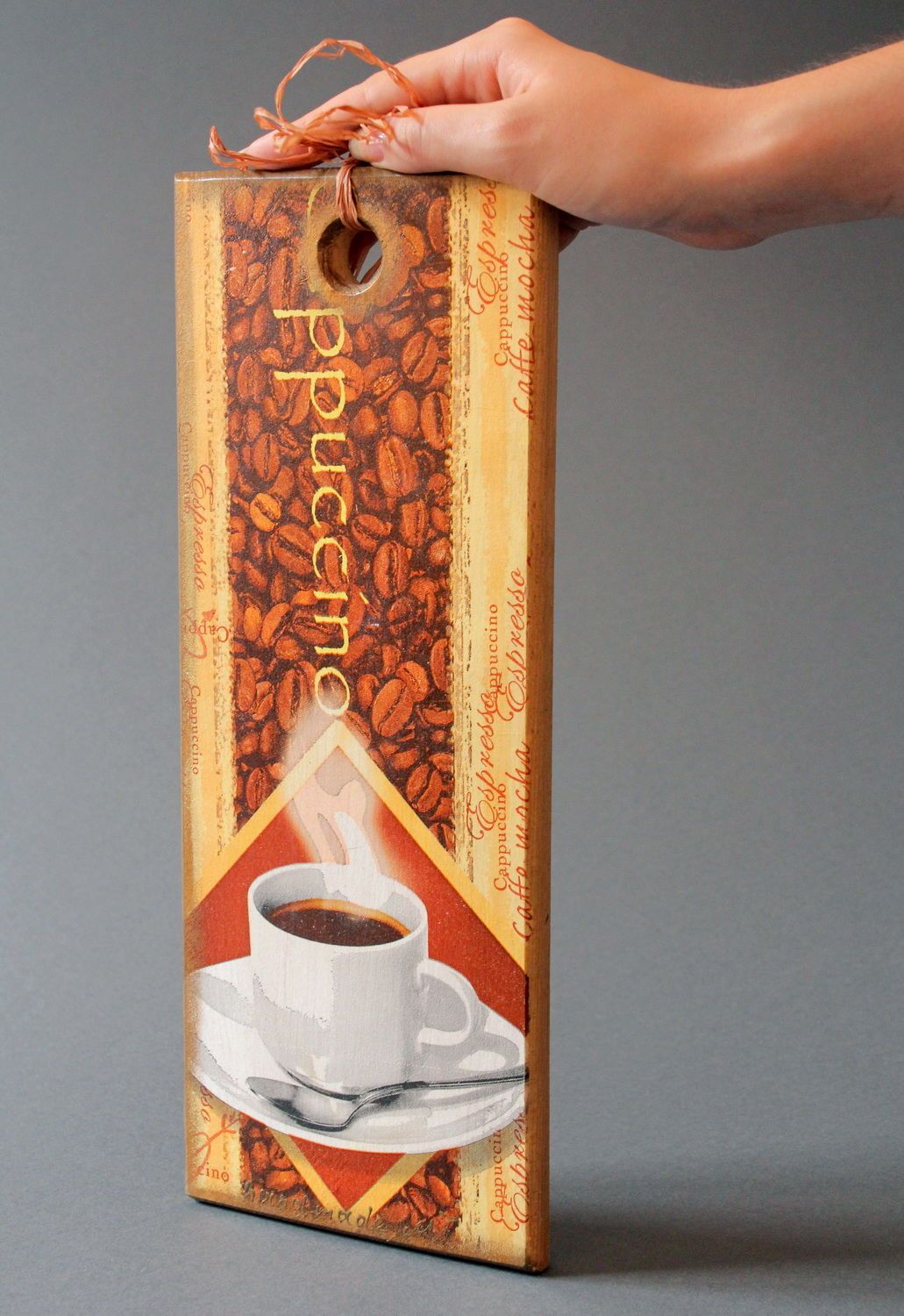 Tagliere di legno fatto a mano oggetto decorativo decoupage cappuccino foto 5