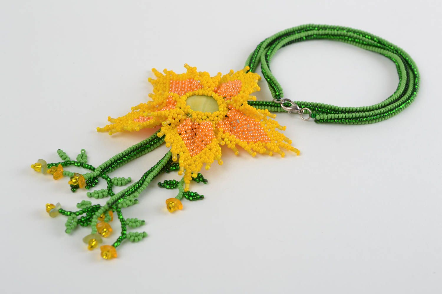 Bright long handmade necklace made of beads and natural stones Yellow flower photo 3