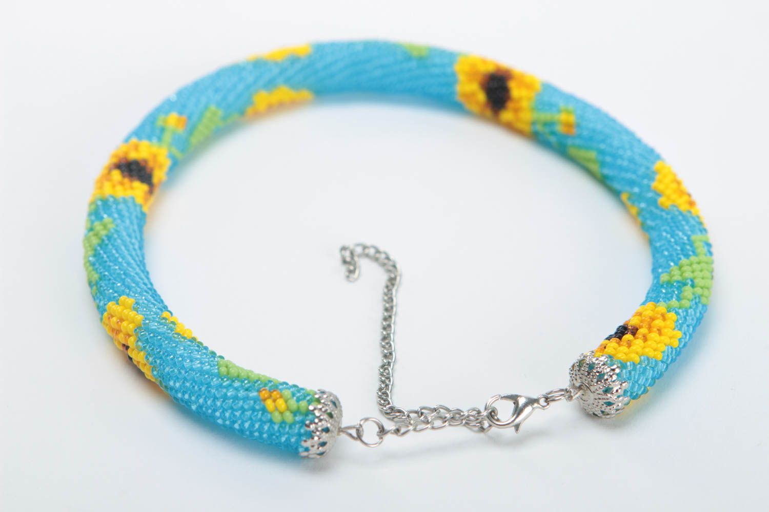 Collier spirale Bijou fait main bleu et jaune perles de rocaille Cadeau femme photo 4