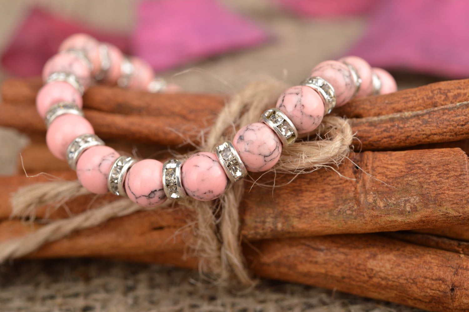 Unusual handmade designer women's elastic wrist bracelet with pink beads photo 1