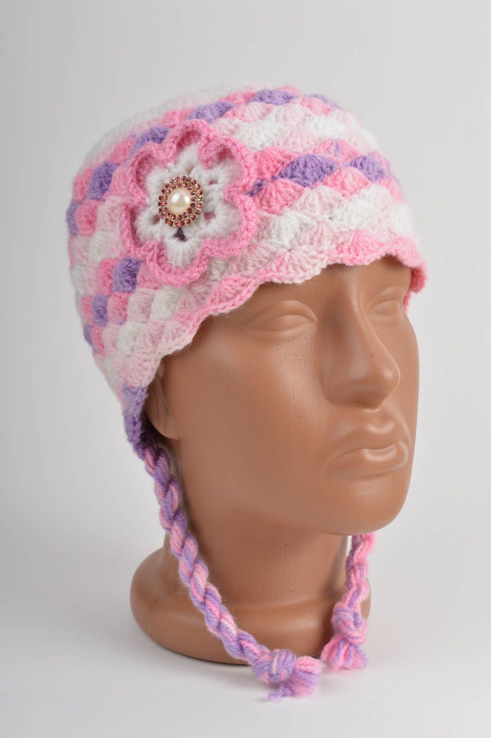Bonnet tricot fait main Chapeau au crochet laine acrylique rose Vêtement fille photo 2