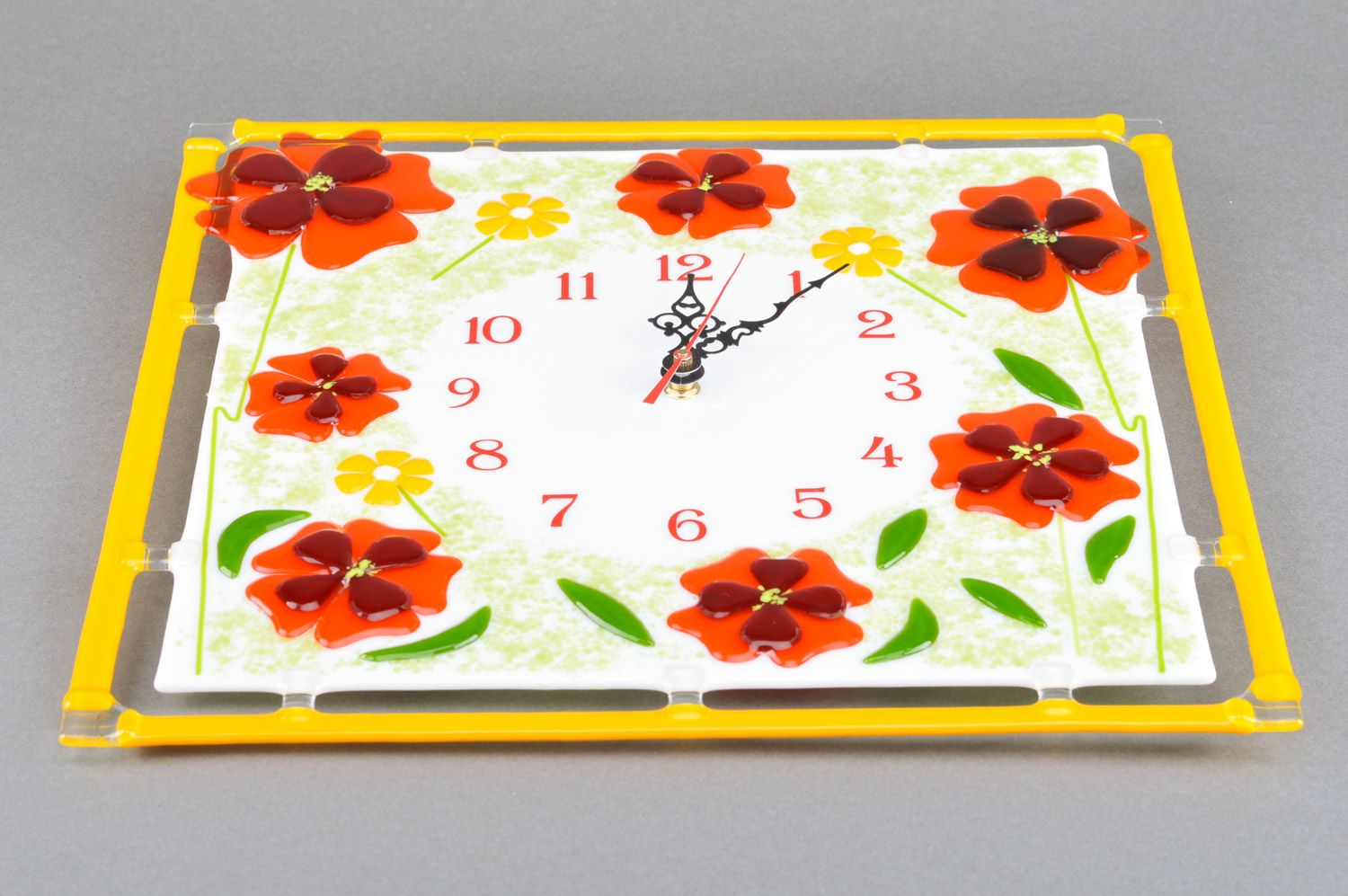 Handmade colorful square fusing glass wall clock with floral ornament  photo 2
