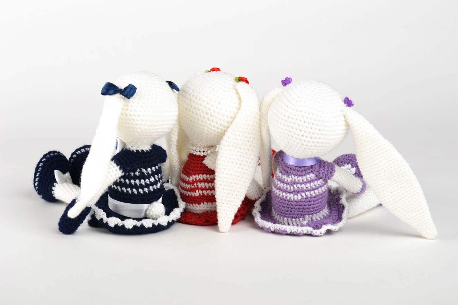 Set of three hand knitted stuffed plush rabbits in white red purple color 11,83,9 inches photo 3