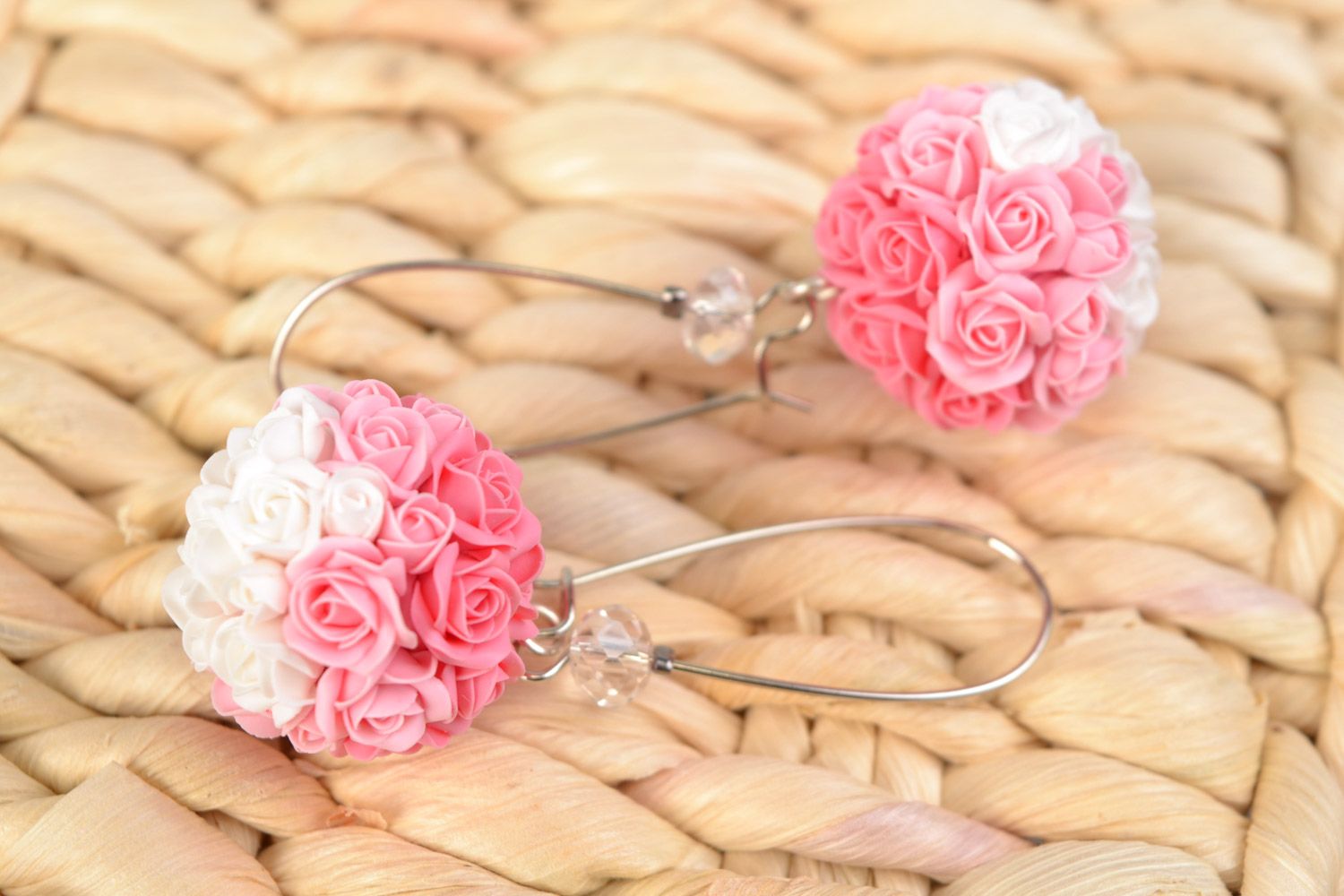 Handmade long delicate earrings made of polymer clay in the form of bouquets of roses photo 2