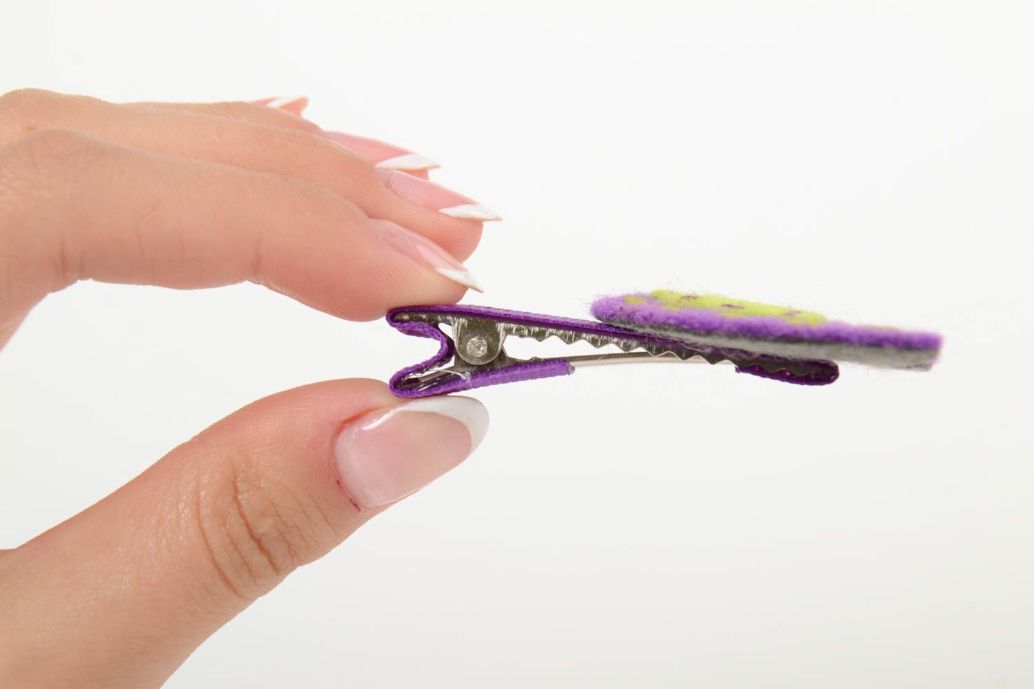 Designer purple hair clip made of fleece for baby handmade hair accessory photo 5