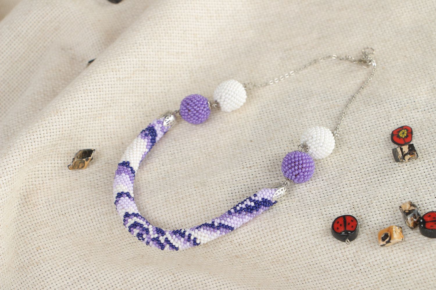Unusual white and violet handmade beaded cord necklace with Czech seed beads photo 1