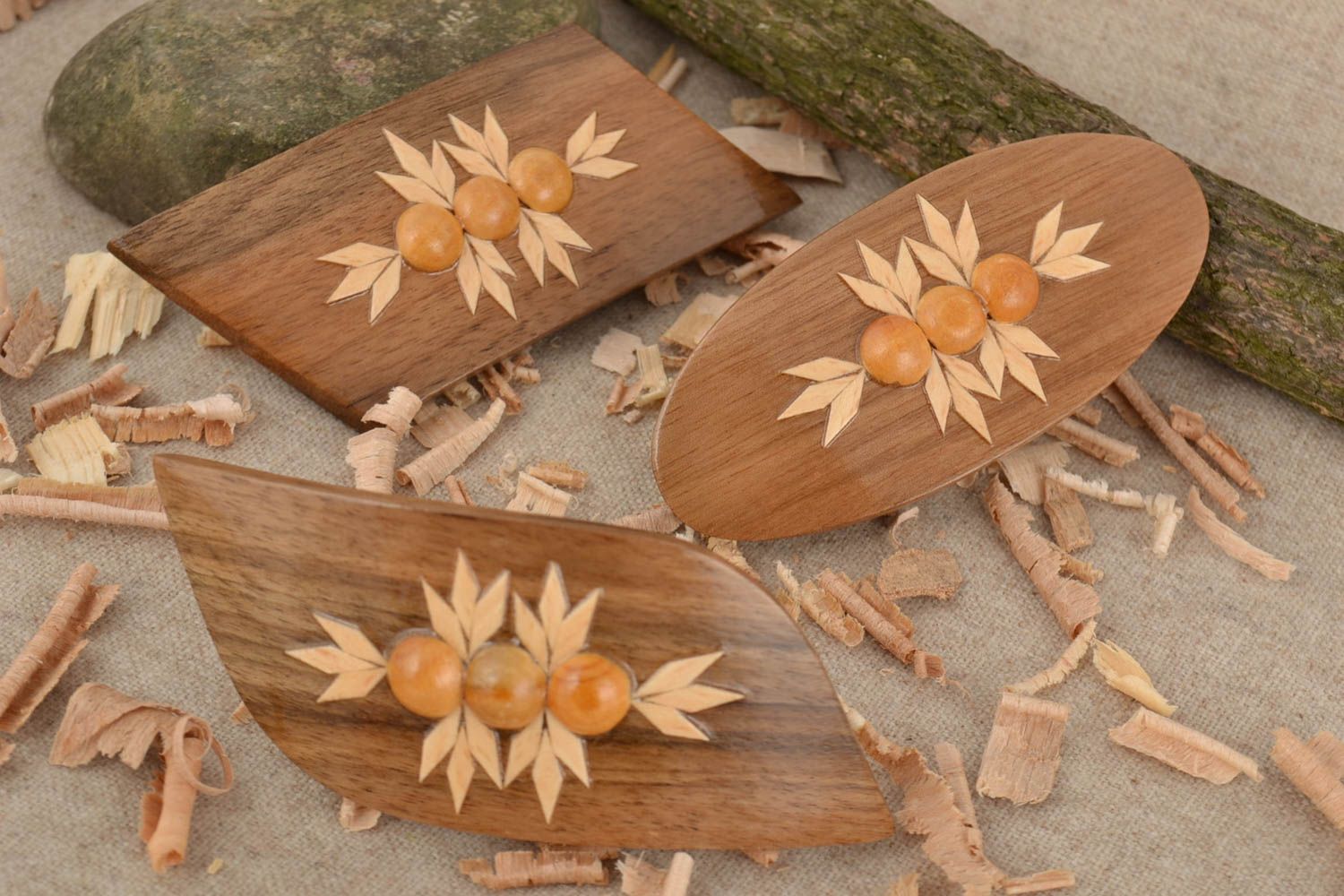 Head flowers accessories Handmade women's varnished wooden hair clips set 3 pieces photo 1