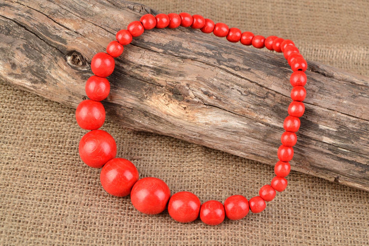 Handmade wooden bead necklace with large red beads photo 1