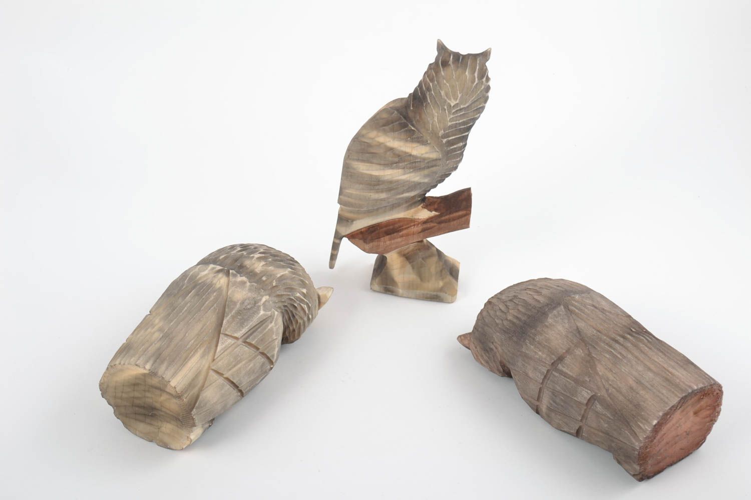Set of owl figurines carved of wood 3 pieces handmade home interior decor photo 5