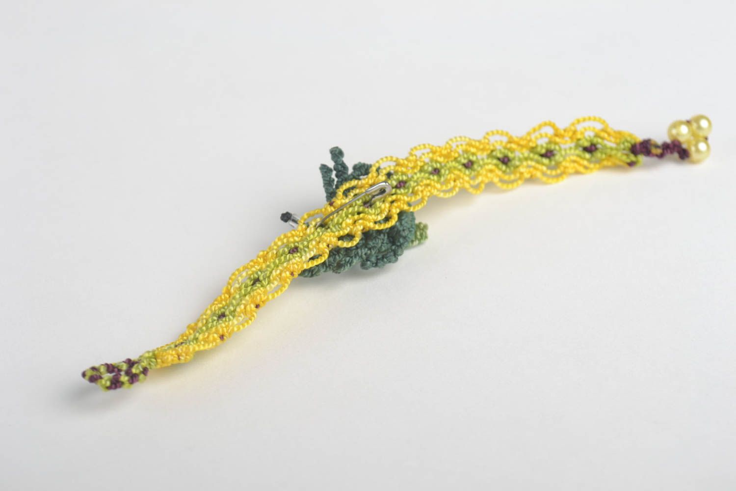 Украшения ручной работы браслет на руку плетеная брошь муха желтый с зеленым фото 3