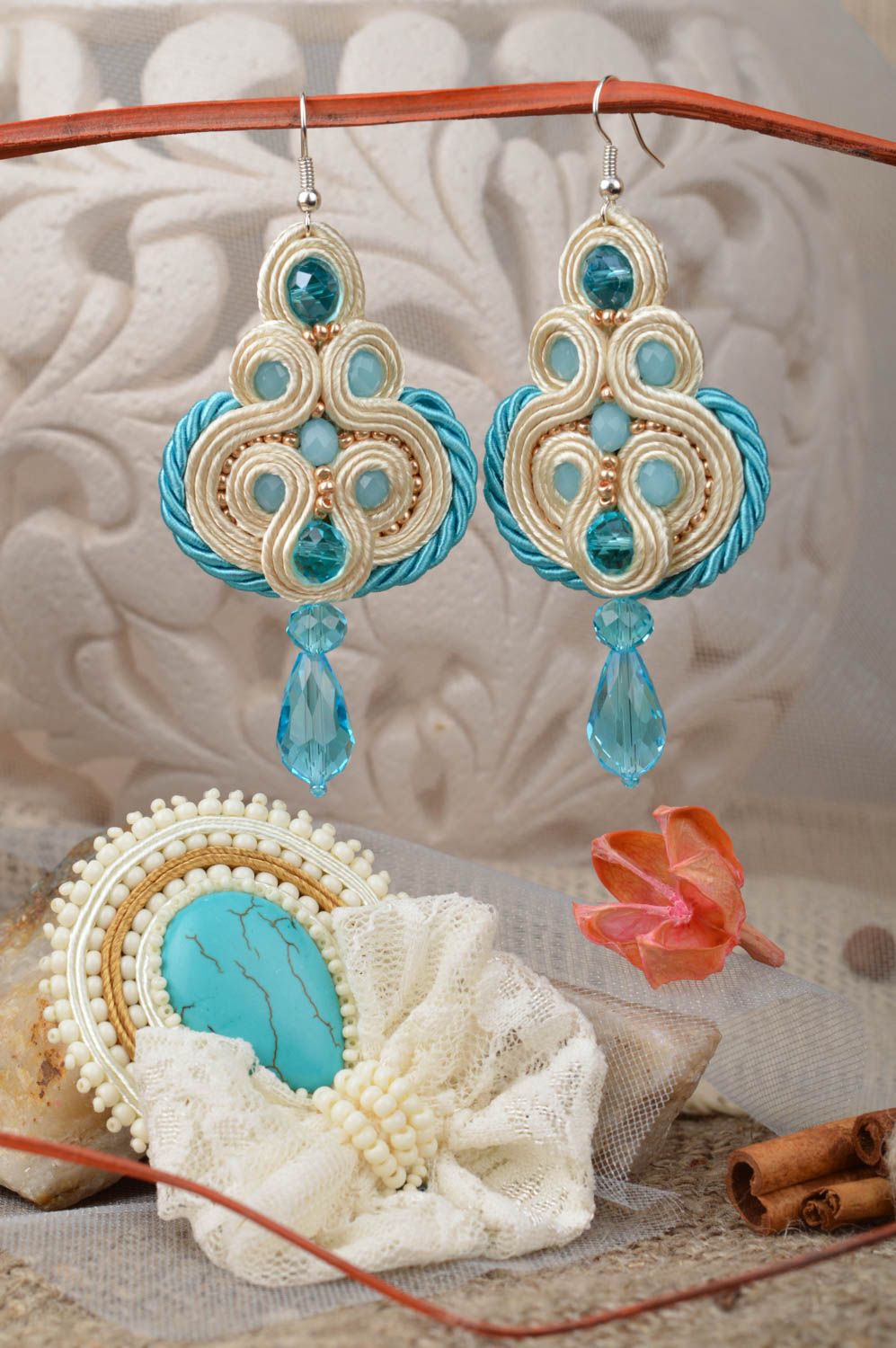 Beige and blue handmade designer jewelry set soutache earrings and brooch photo 1
