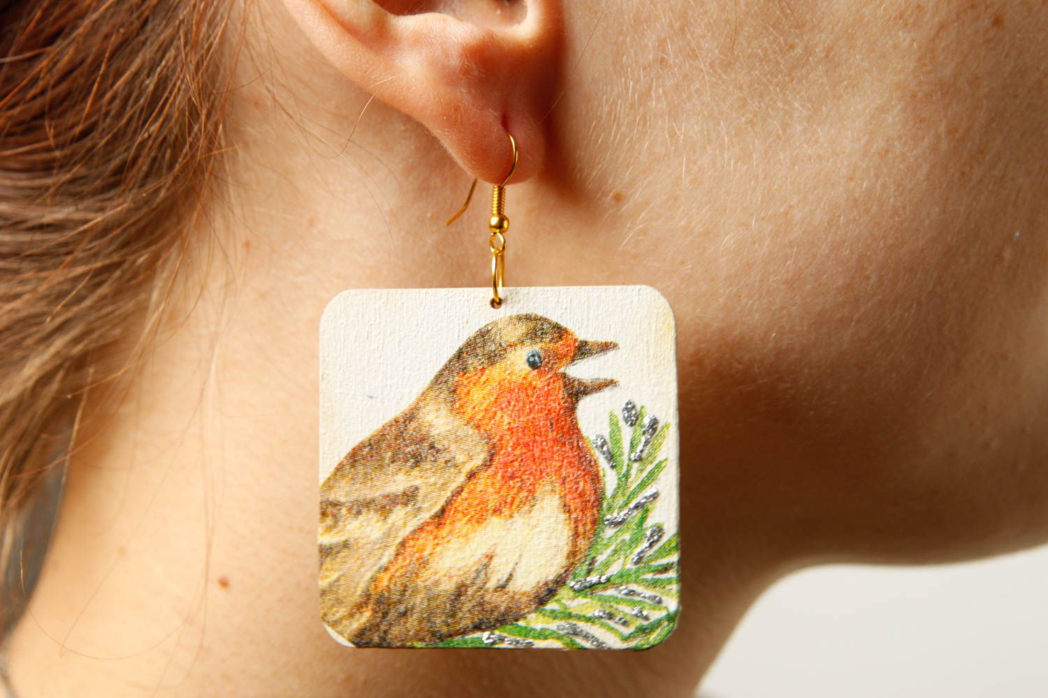 Handmade earrings wooden designer earrings bird patterns decoupage accessories photo 2