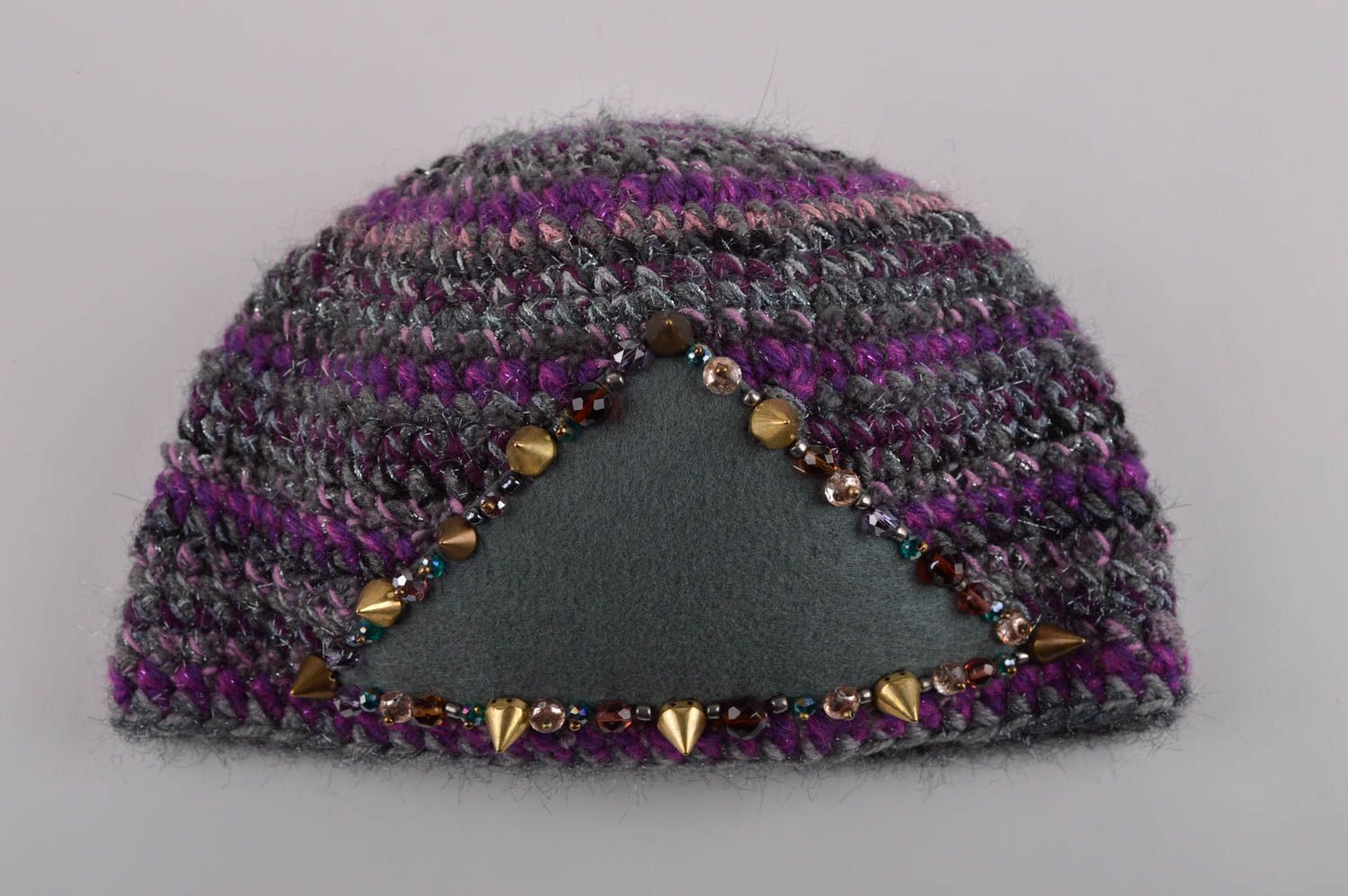 Теплая шапка ручной работы стильная шапка из шерсти головной убор с кристаллами фото 5