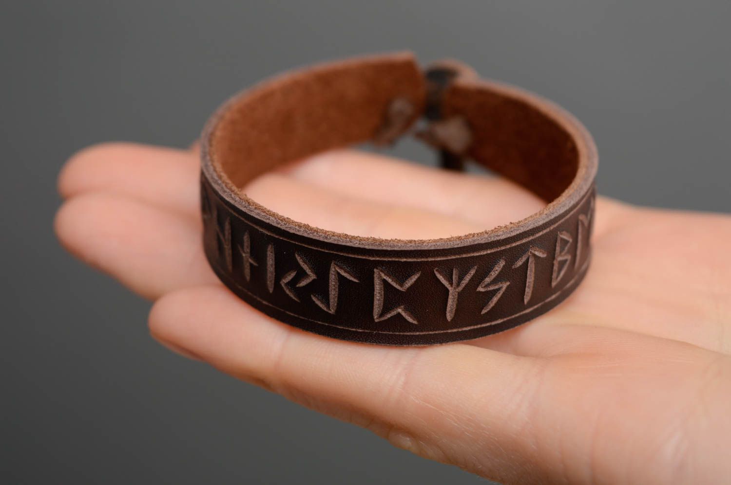 Brown leather bracelet with runes photo 4