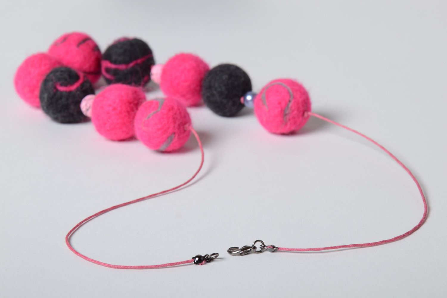 Bright pink and gray handmade wool ball necklace created using needle felting technique photo 4