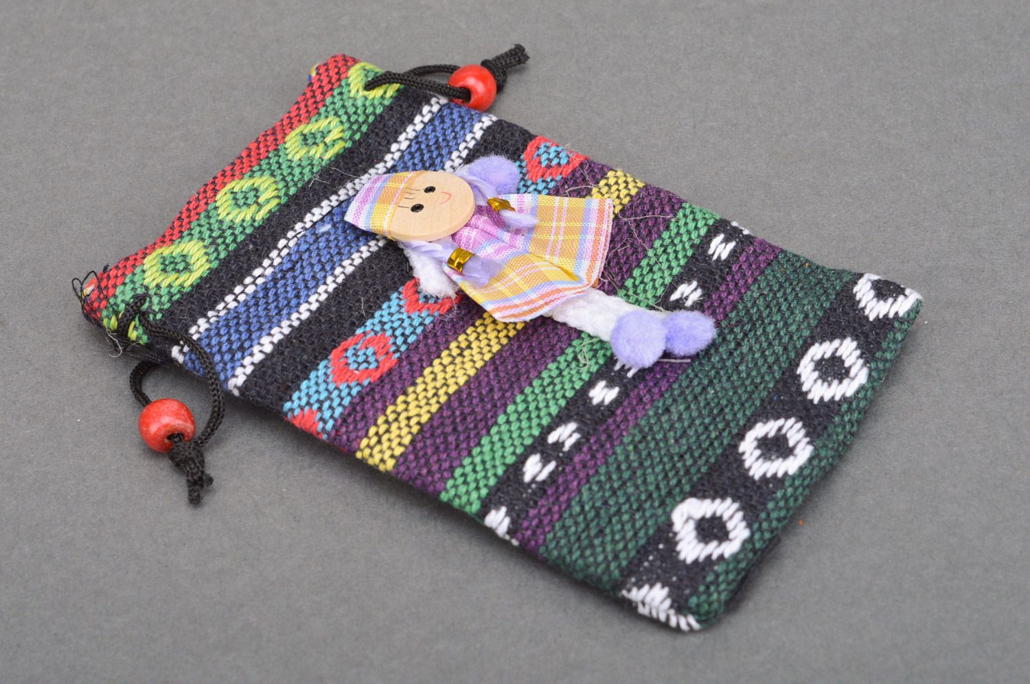 Bunte gestreifte Handytasche aus Stoff handmade mit Puppe für Mädchen foto 5