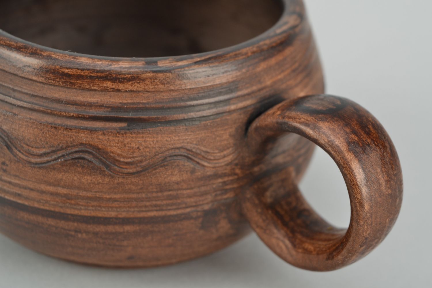 Medium size  5 oz clay cup in pot shape with handle in brown color photo 3