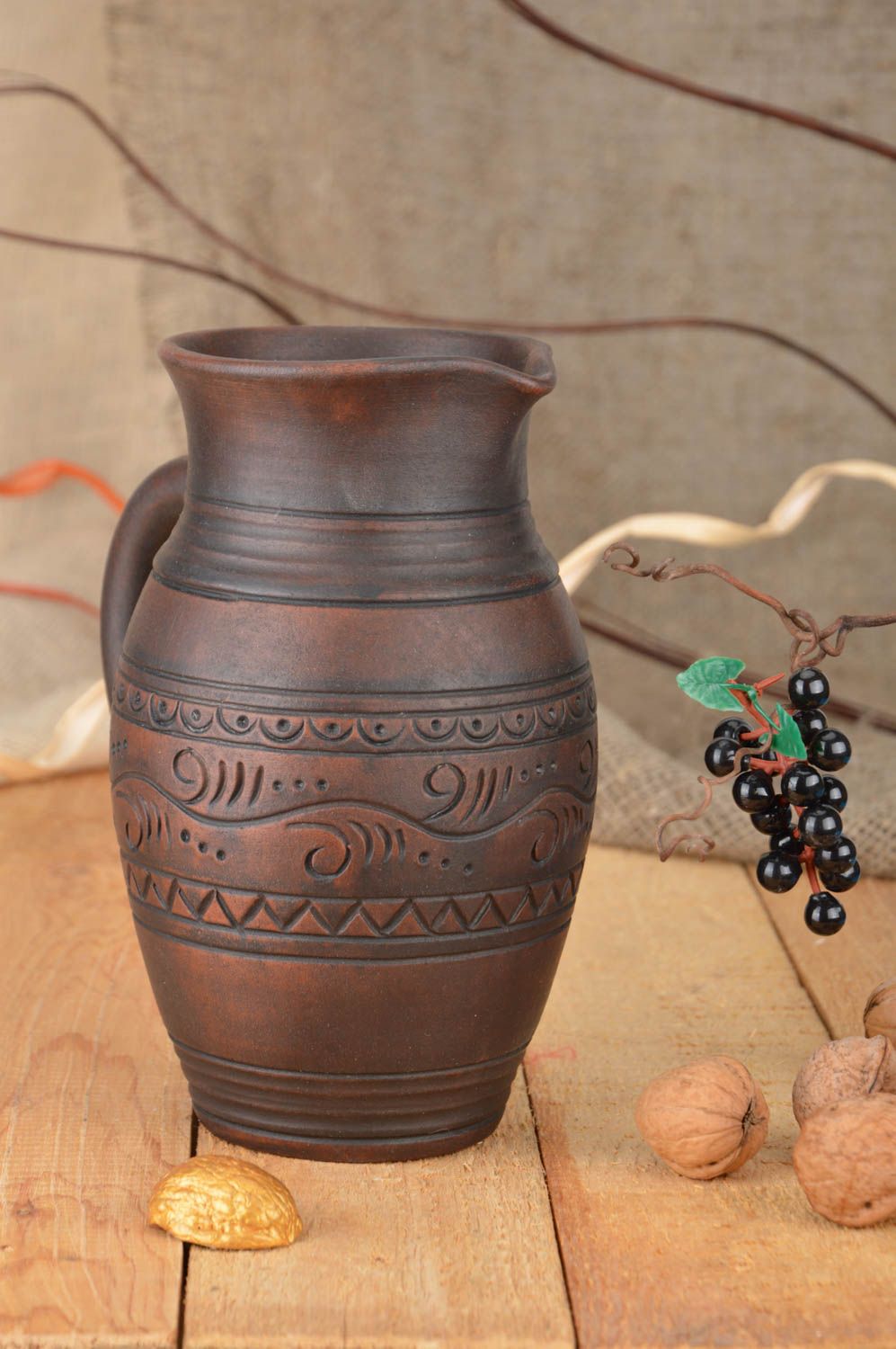 Belle cruche céramique grande faite main 1.7 litre marron écologique ornementée photo 1