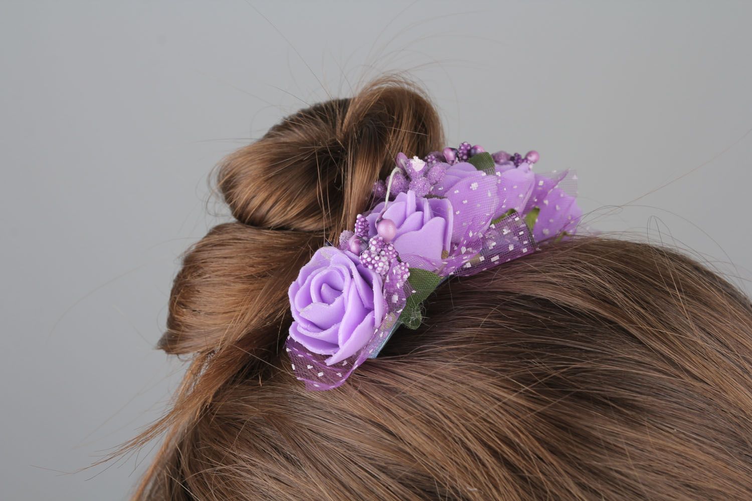 Peigne à cheveux en plastique violet fleurs fait main photo 1