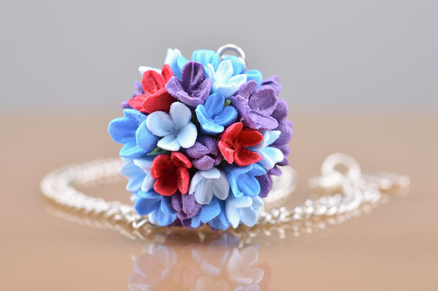 Bright handmade polymer clay flower pendant in the shape of cornflowers photo 4