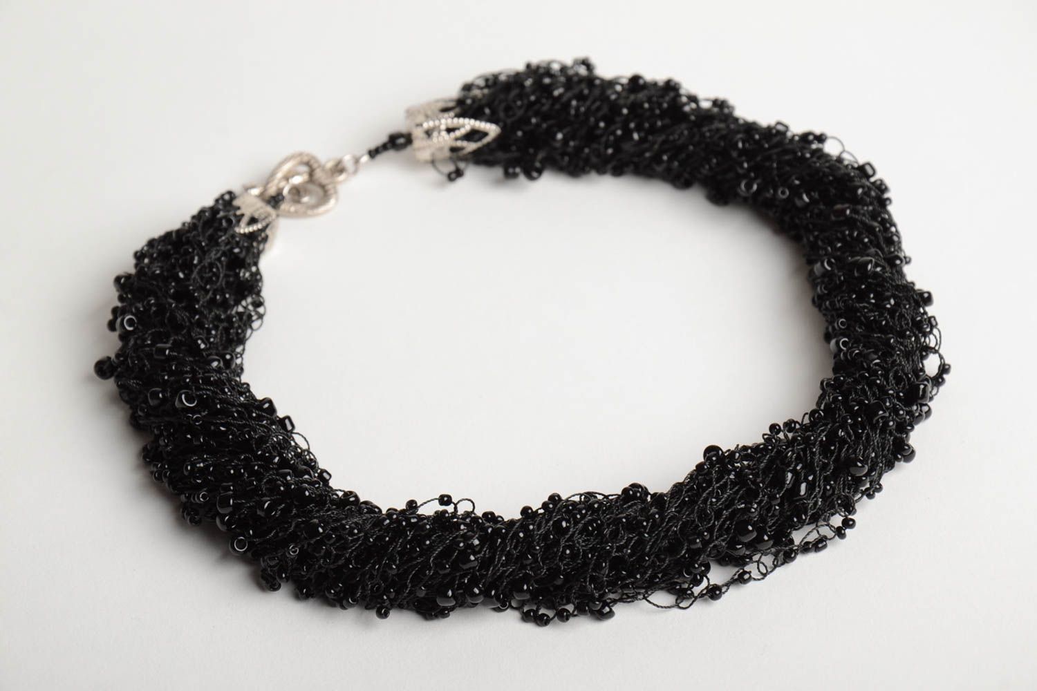 Handmade designer evening multi row airy necklace crocheted of black Czech beads photo 3