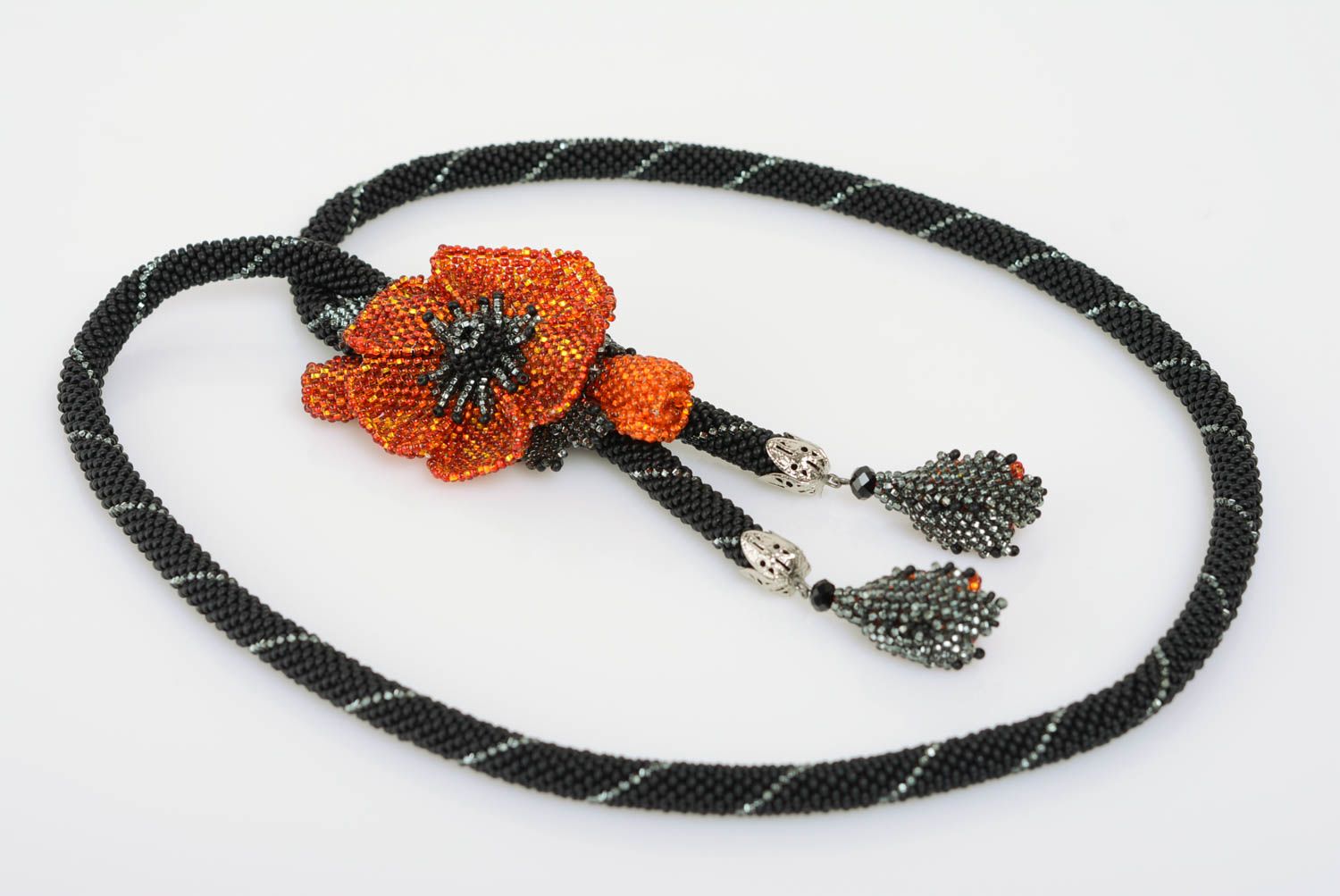 Handmade woven beaded black cord necklace with volume red poppy flower  photo 1