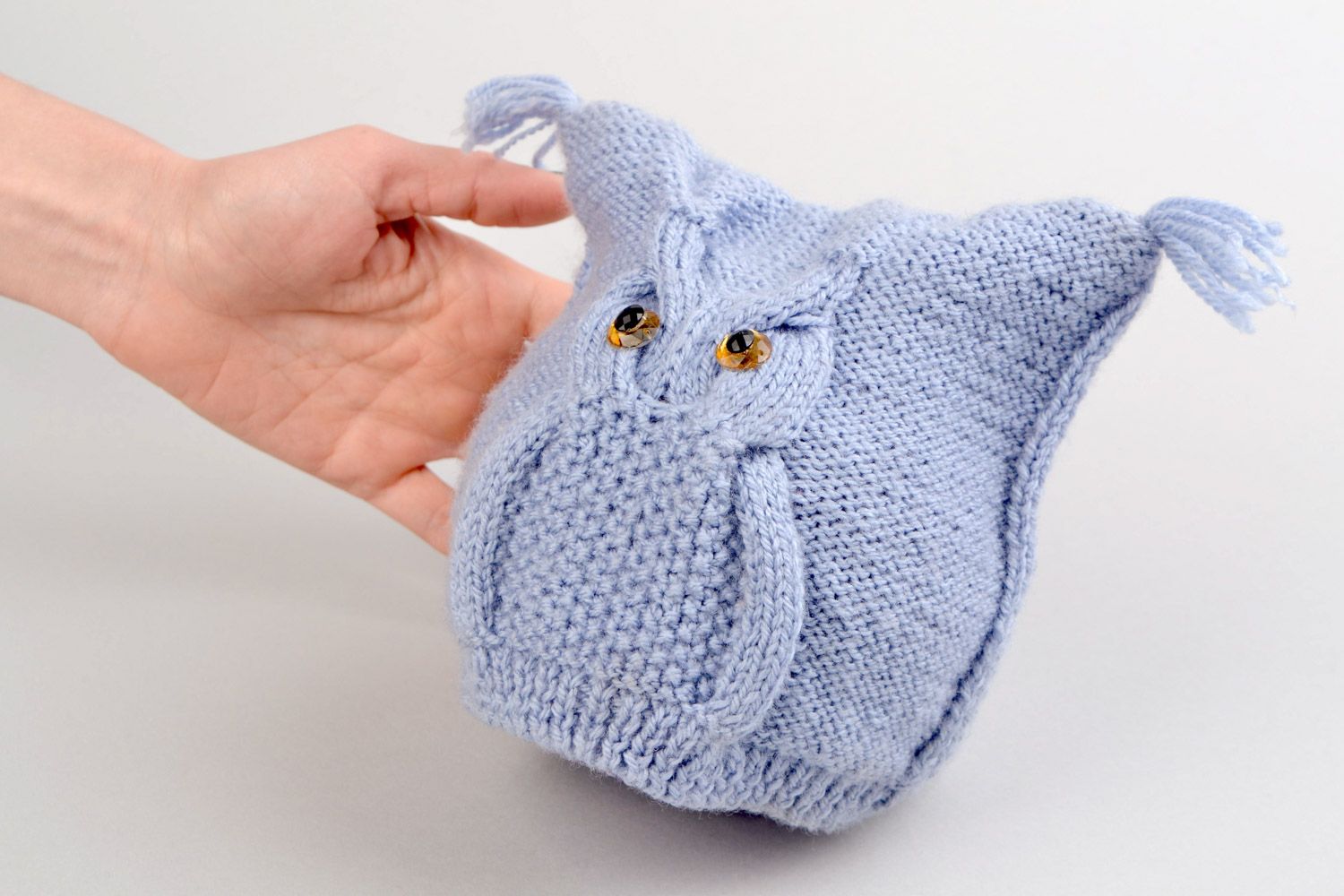 Rectangular handmade blue knitted hat for baby with owl pattern made of acrylic yarns photo 2
