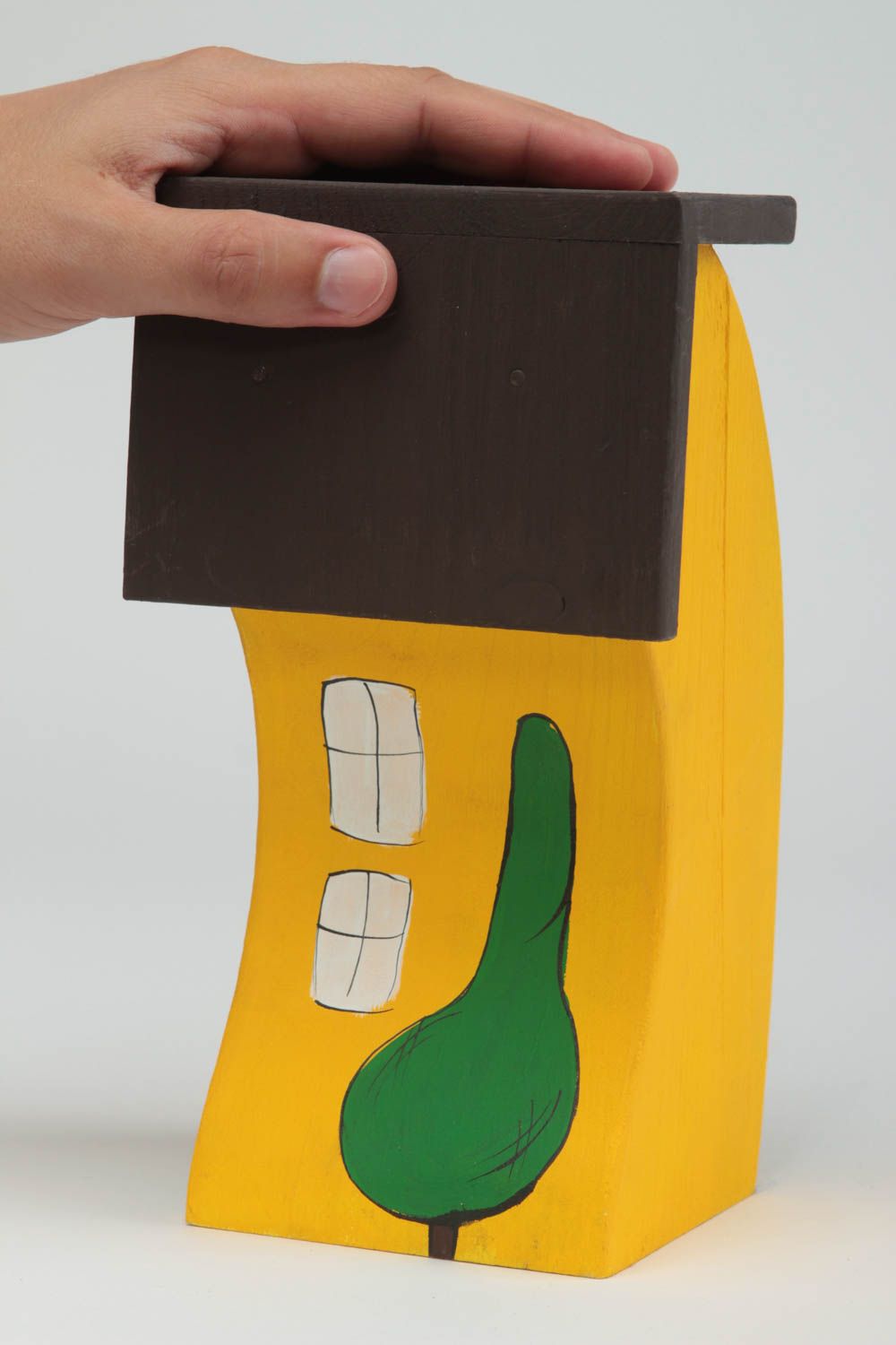 Maison miniature jaune faite main Figurine en bois Cadeau original courbée déco photo 5