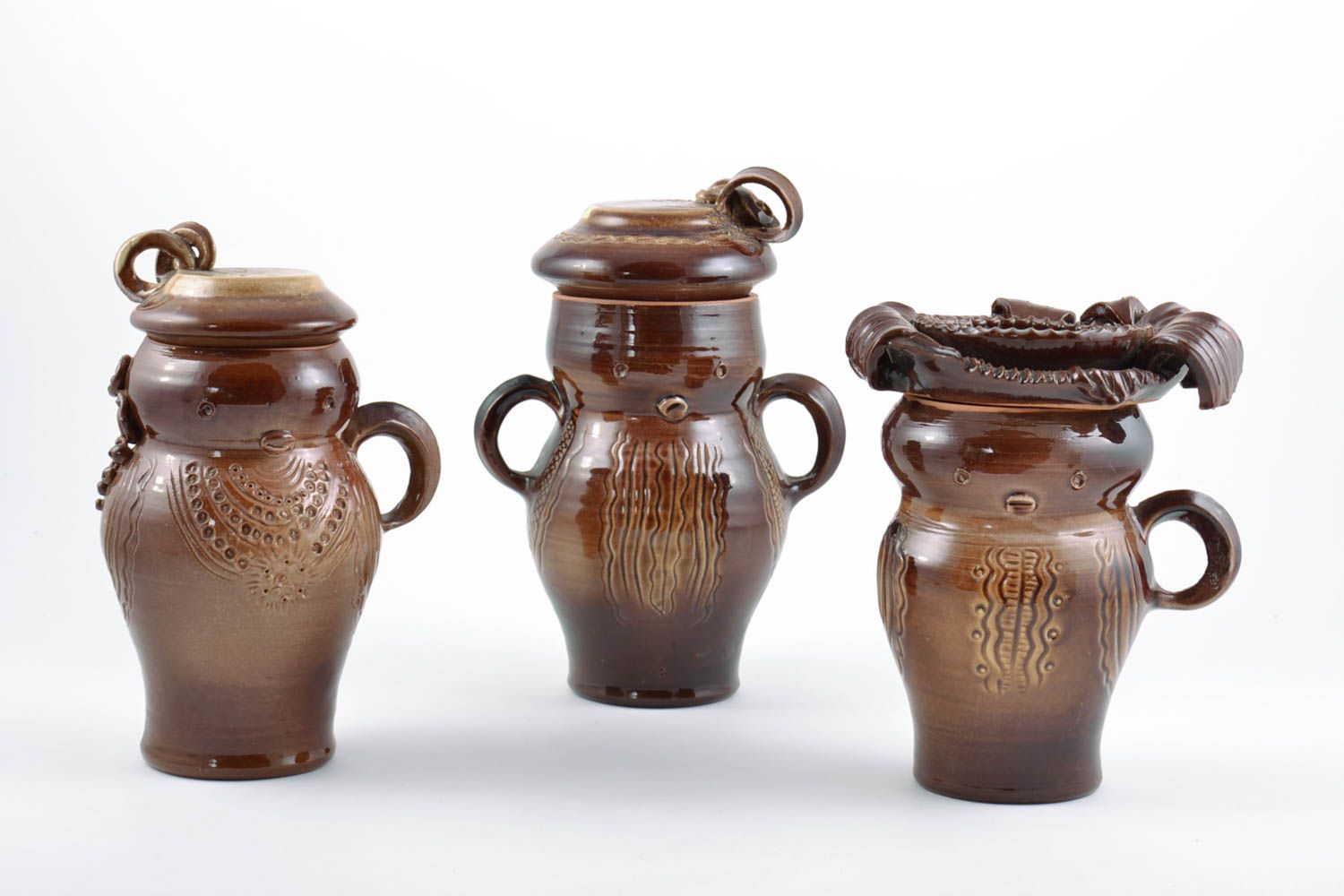 Set of three glazed ceramic dark brown kitchen pots 10 inches tall and 6 inches wide 6,4 lb photo 2