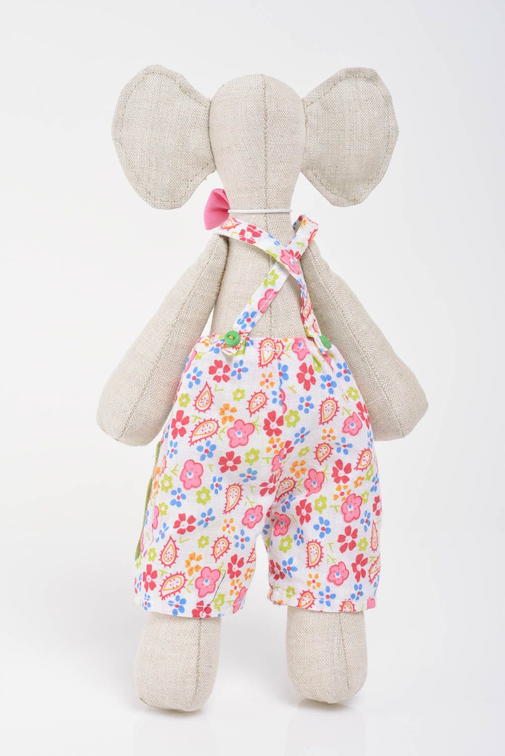 Handmade künstlerische Stoffpuppe Elefant im bunten Anzug aus Lein und Baumwolle foto 3