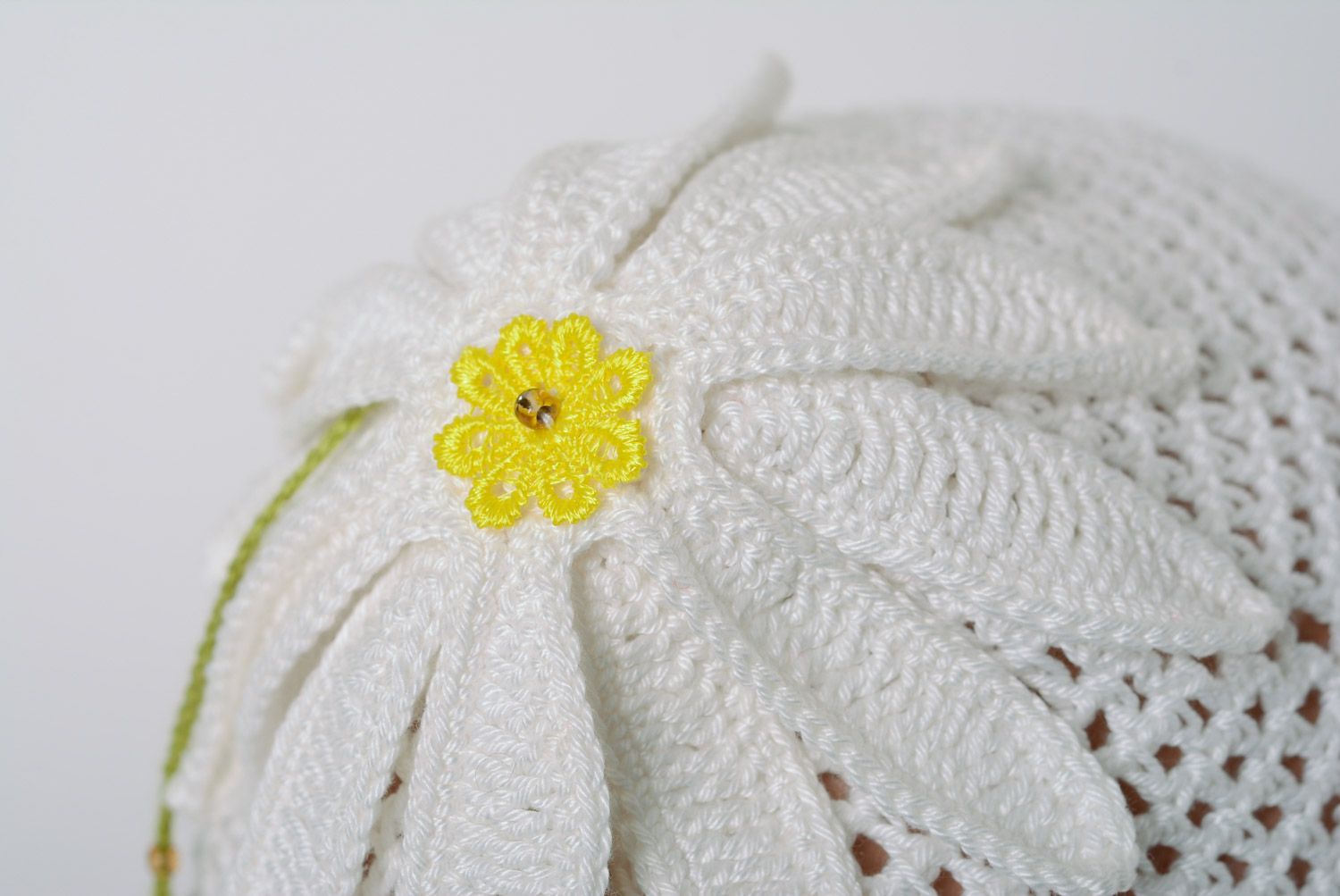 Cute lacy white summer hat crocheted of cotton threads with flower for baby girl photo 2
