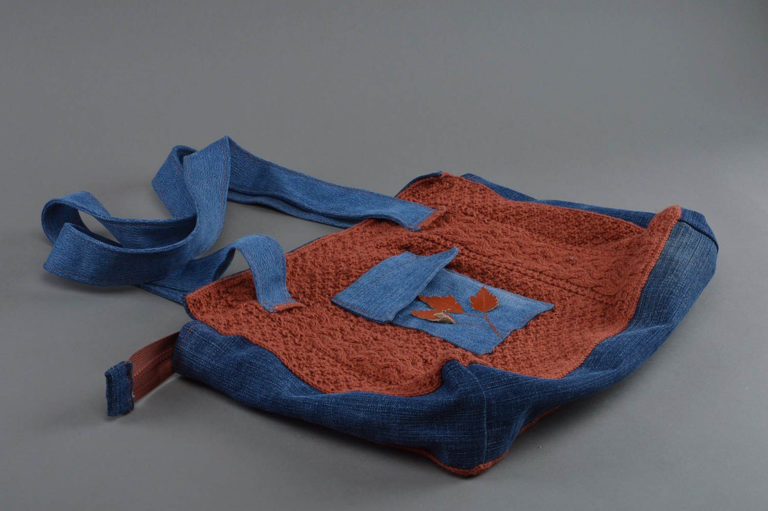 Bolso artesanal de tela vaquera original azul marrón hermoso para mujer foto 1