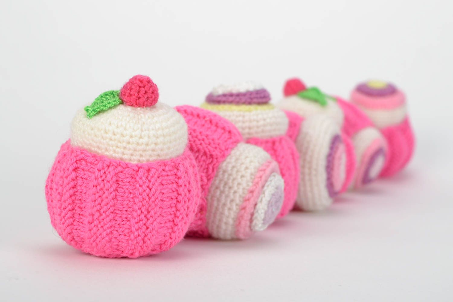 Set of 7 handmade soft interior crochet toys in the shape of small pink cakes photo 4
