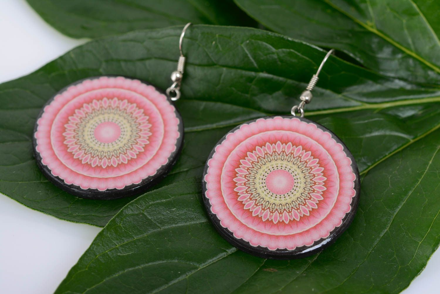 Handmade pink round dangling earrings molded of polymer clay with decoupage  photo 1