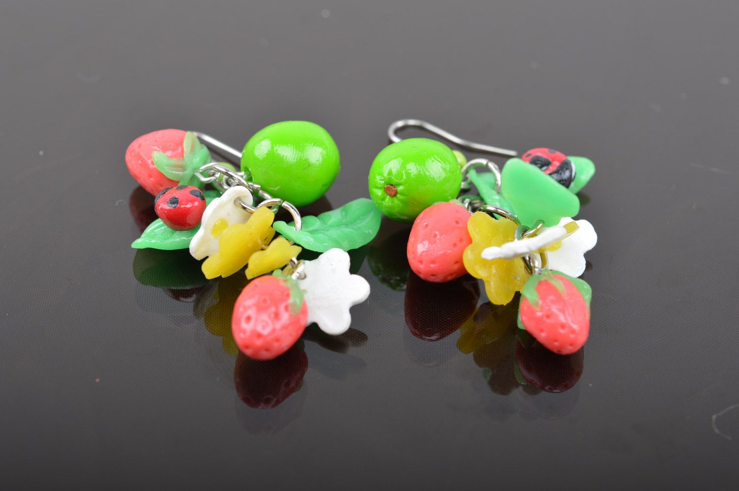 Handmade designer polymer clay long earrings with charms in the shape of berries photo 3