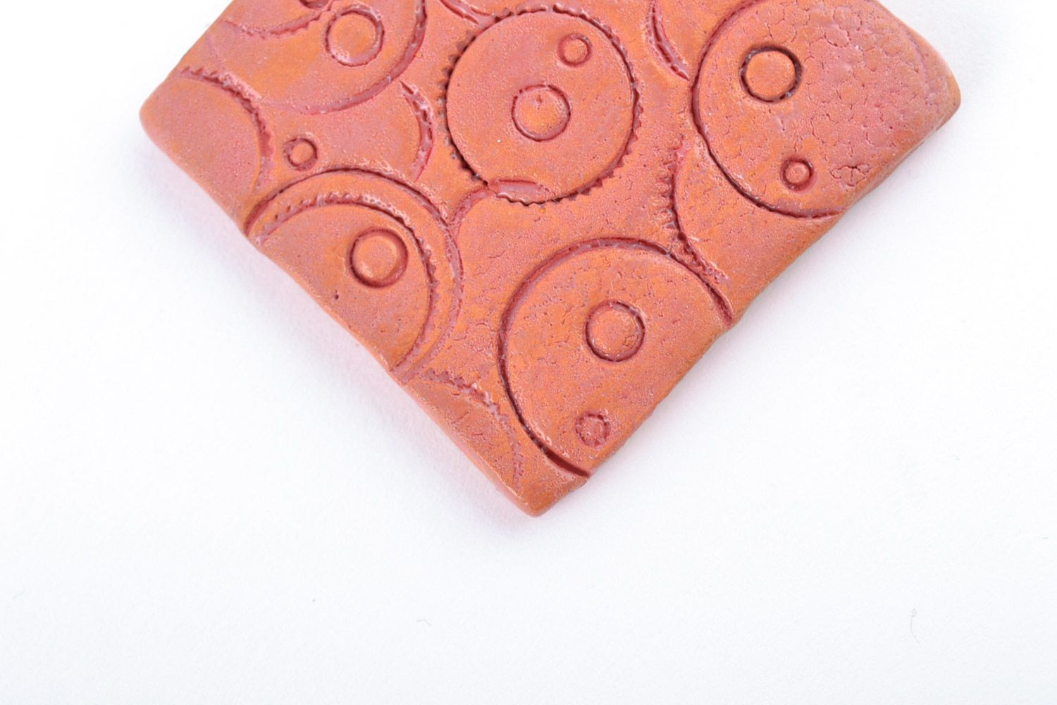 Handmade square ceramic pendant painted with acrylics with relief ornaments photo 3