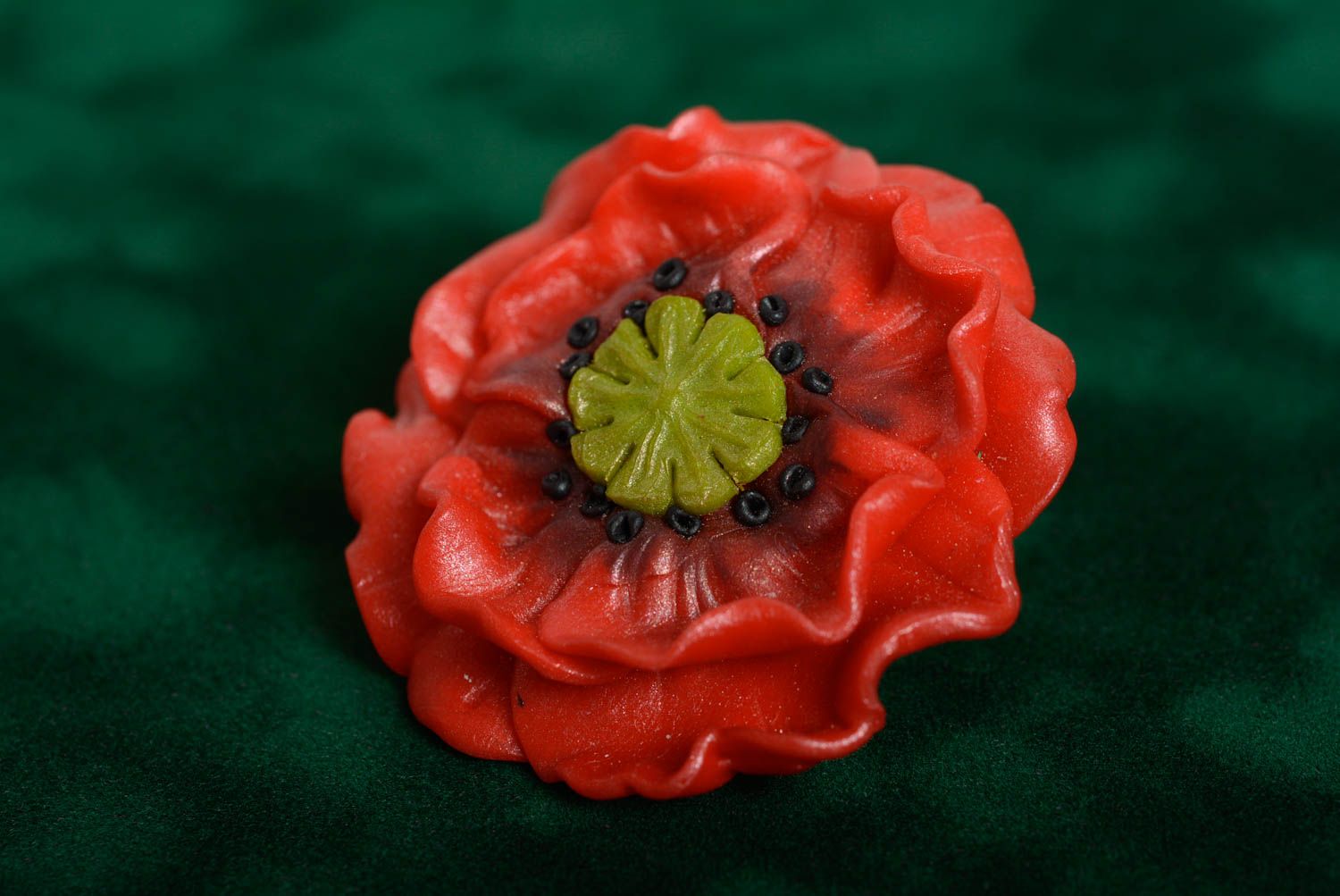 Handmade brooch made of polymer clay beautiful red poppy designer accessory photo 3