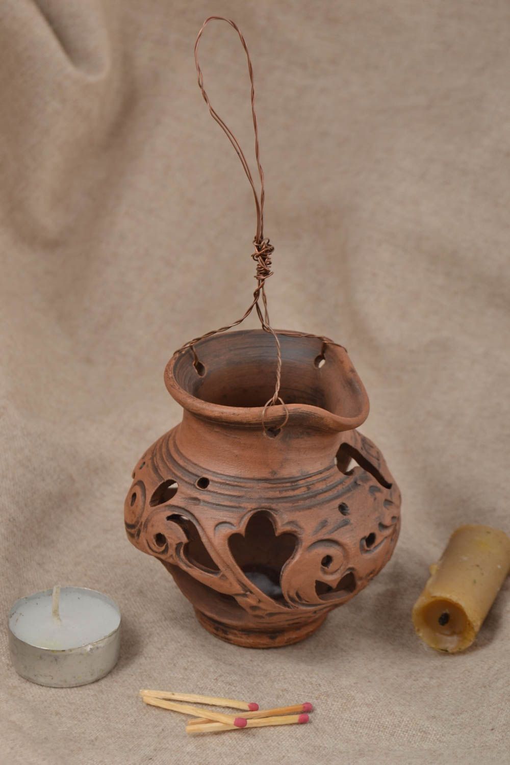 Керамический светильник подарок ручной работы подсвечник из глины на проволоке фото 1
