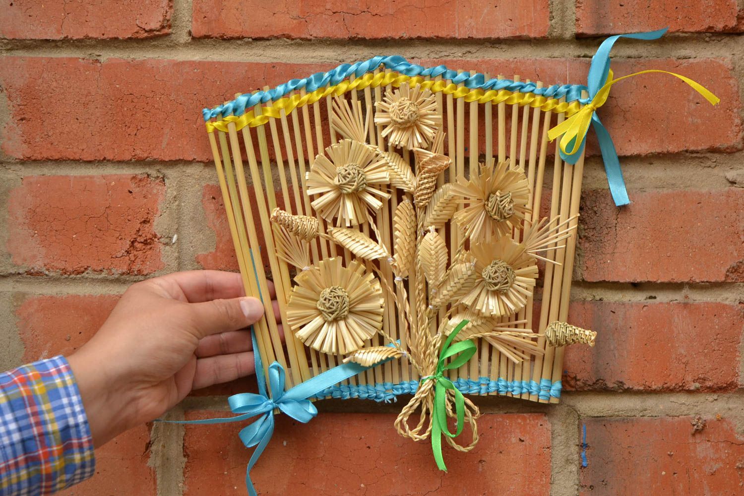 Handmade designer unusual beautiful picture made of straw in eco style photo 2
